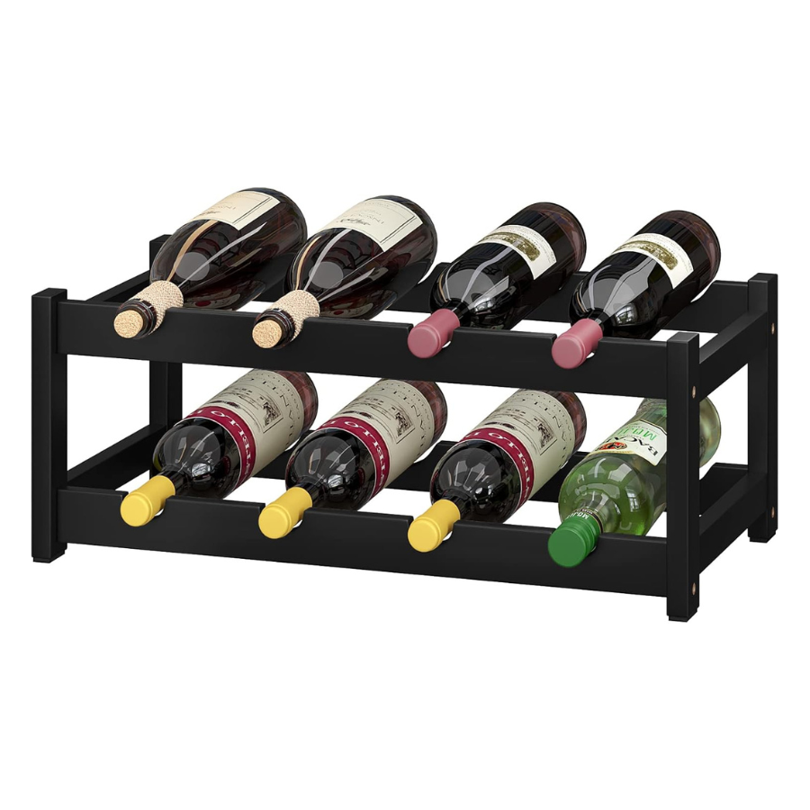 Carpentray Sheesham WoodWine Rack Freestanding 8 Bottle 2 Tier Bamboo Wine Racks Countertop Cabinet Wine Holder Wine Storage Shelf for Kitchen, Bar, Pantry, Wine Cellar, Countertop Black (16.85 L x 9.25W x 7H)