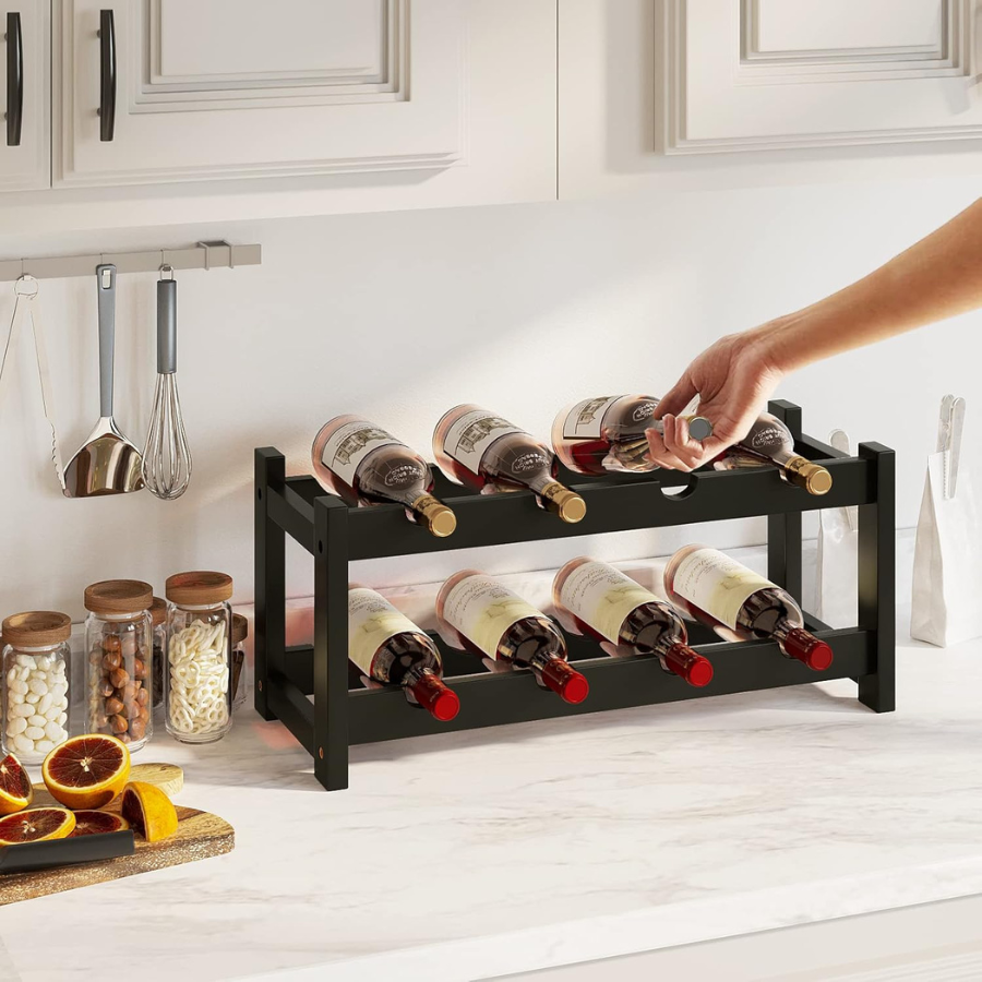 Carpentray Sheesham WoodWine Rack Freestanding 8 Bottle 2 Tier Bamboo Wine Racks Countertop Cabinet Wine Holder Wine Storage Shelf for Kitchen, Bar, Pantry, Wine Cellar, Countertop Black (16.85 L x 9.25W x 7H)