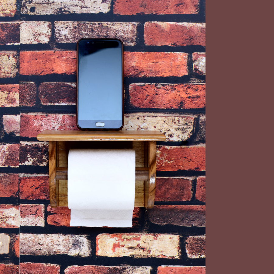 Carpentray Teak Wood Wall Mounted Toilet Paper Holder with Shelf for Restaurants, Hotels, Bathrooms and Washrooms.