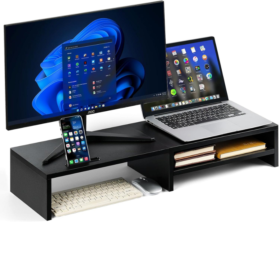 Carpentray Dual Monitor Stand Riser - Wooden Dual Display Stand for Desk, 31.5" Monitor Shelf with Storage Drawer, Computer Organizer for Office Desk, Home Office or Gaming Setup (Black)