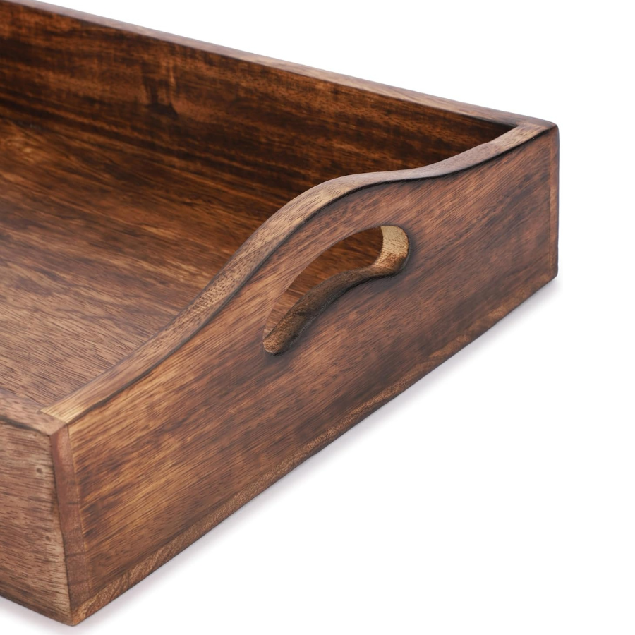 Carpentray Wooden Rectangular Serving Tray with Handles 15x10 Inch Solid Plain Design Handmade Mango Wood Platter