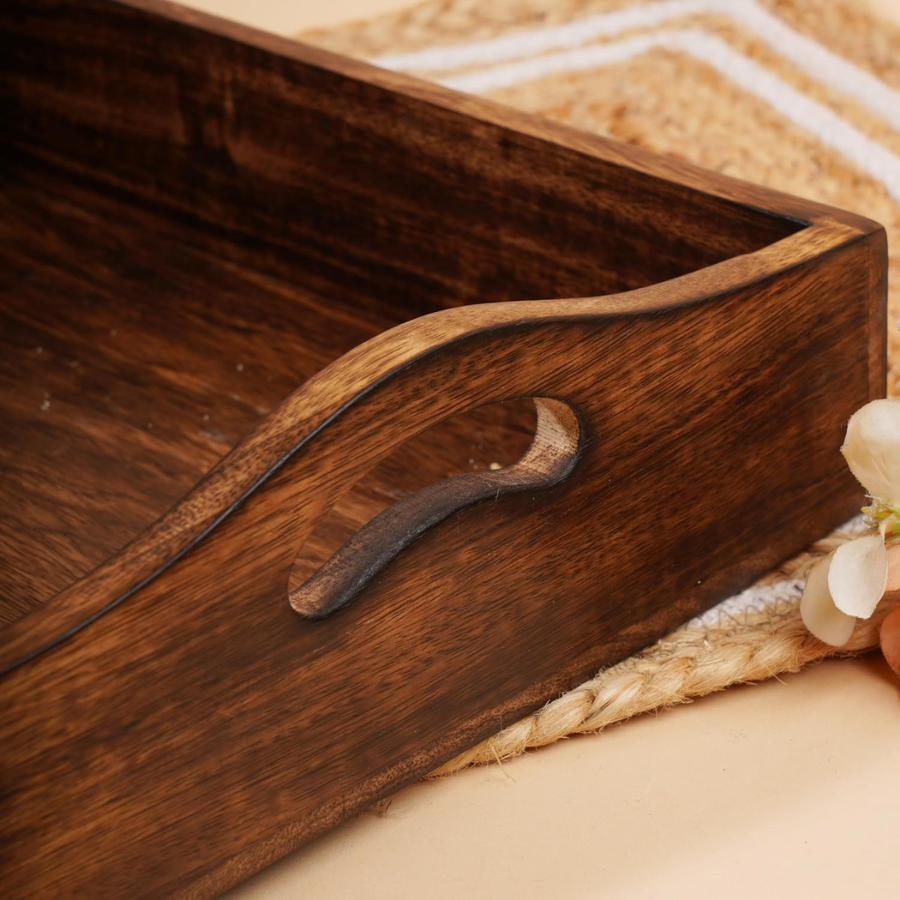 Carpentray Wooden Rectangular Serving Tray with Handles 15x10 Inch Solid Plain Design Handmade Mango Wood Platter
