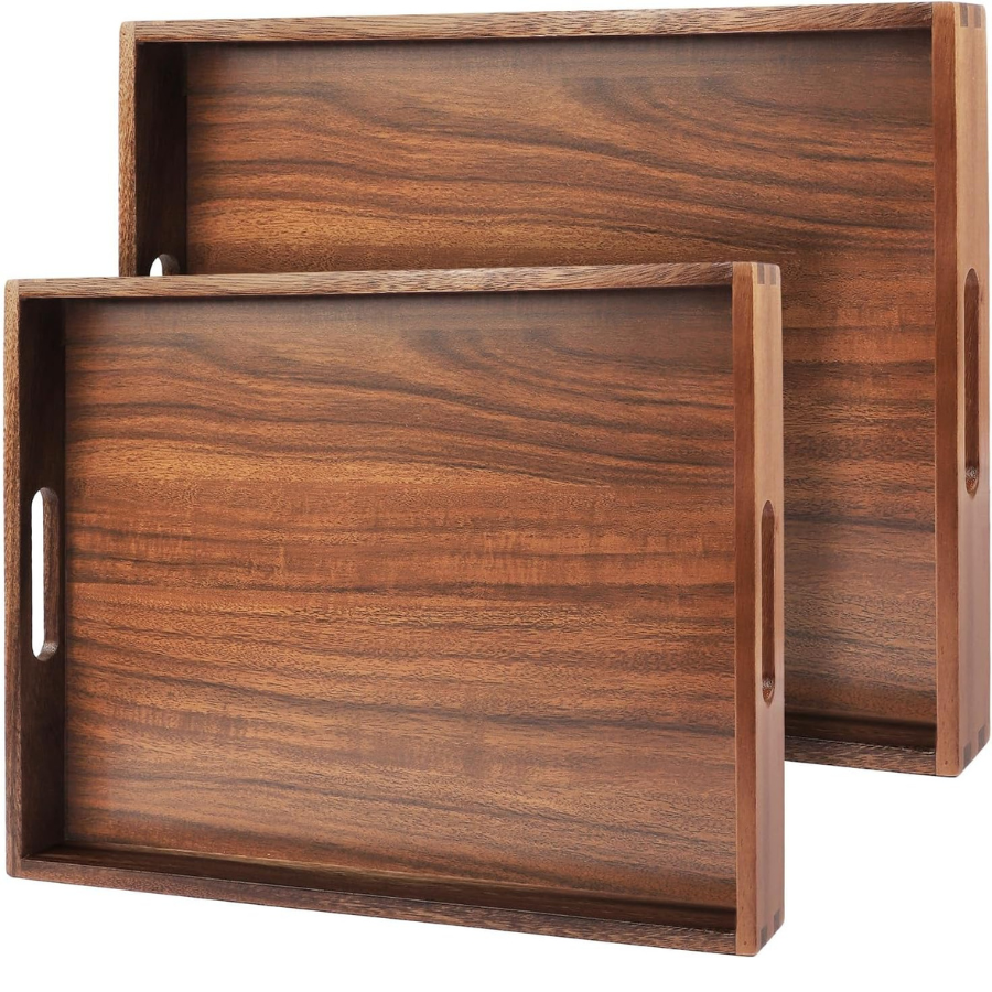 Carpentray 2 Pack Acacia Wooden Serving Tray with Hanles, 17x13 Trays for Living Room