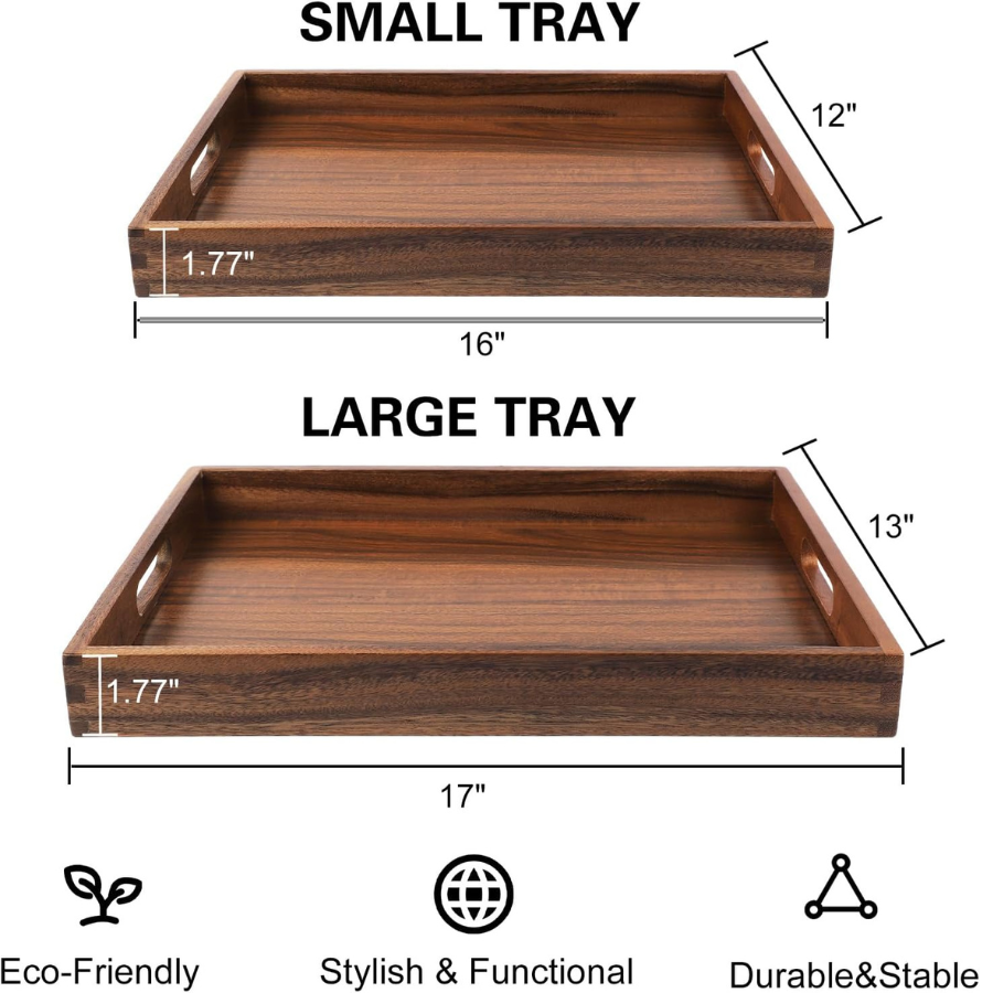 Carpentray 2 Pack Acacia Wooden Serving Tray with Hanles, 17x13 Trays for Living Room