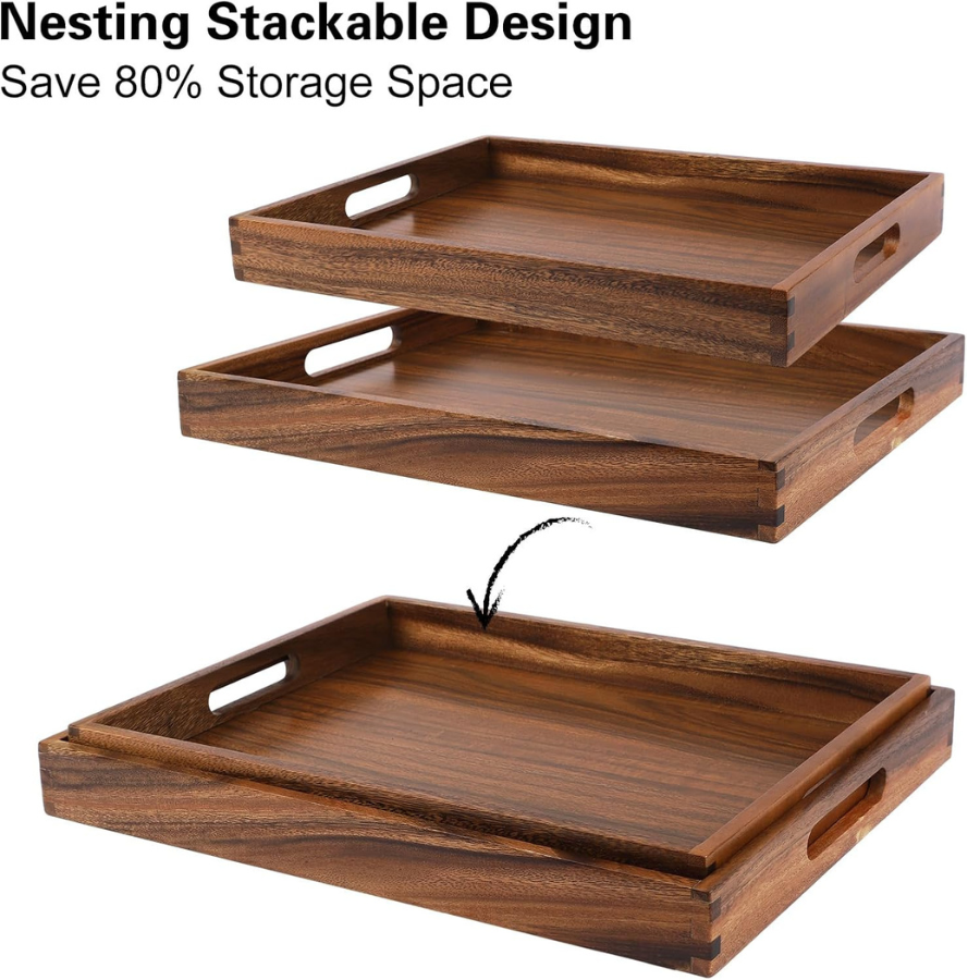 Carpentray 2 Pack Acacia Wooden Serving Tray with Hanles, 17x13 Trays for Living Room
