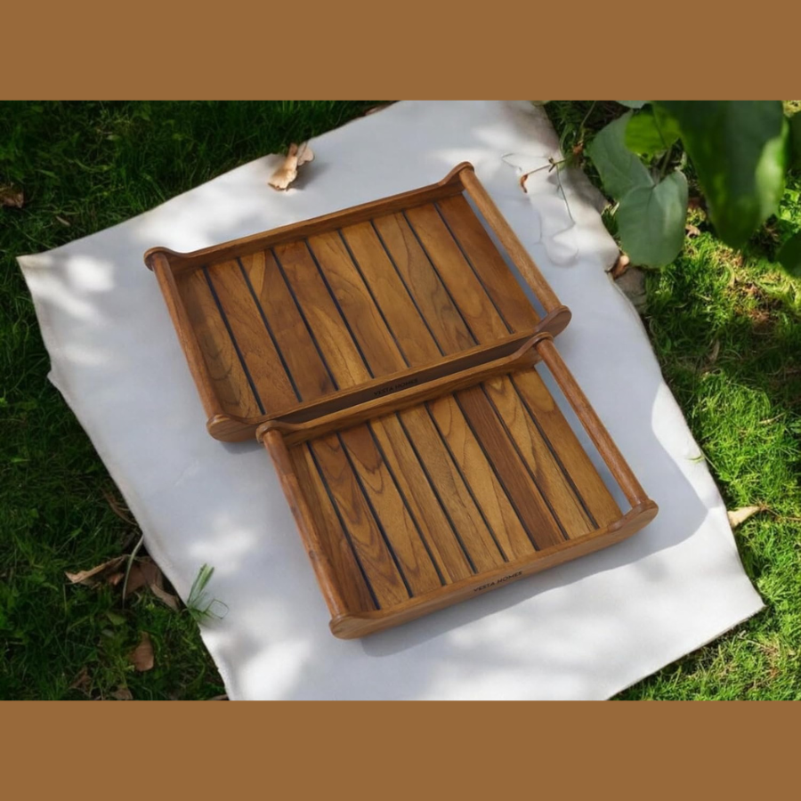 Carpentray Set of 2 Romper Teak Wood Rectangular Serving Tray for Home/Kitchen