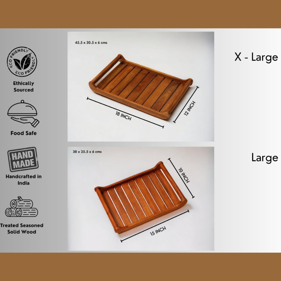 Carpentray Set of 2 Romper Teak Wood Rectangular Serving Tray for Home/Kitchen
