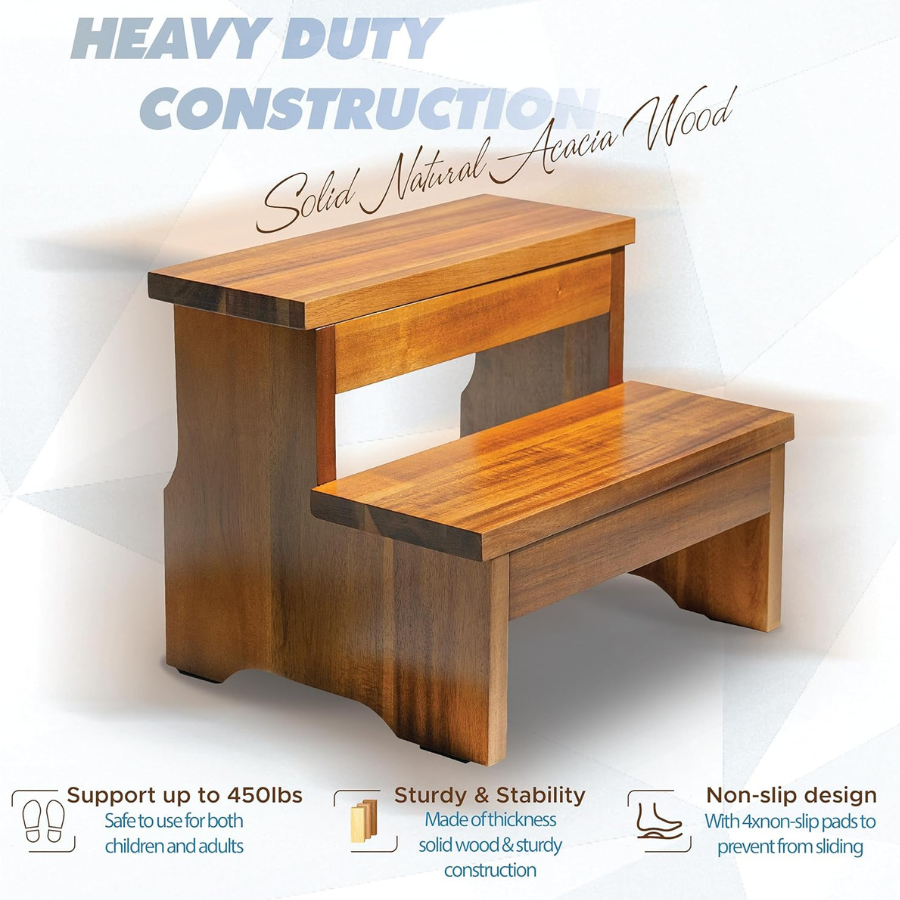 carpentray wooden two step stool, heavy duty 2-step ladder for adults & kids