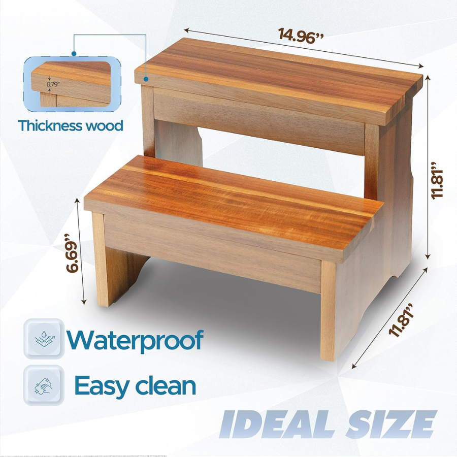 carpentray wooden two step stool, heavy duty 2-step ladder for adults & kids