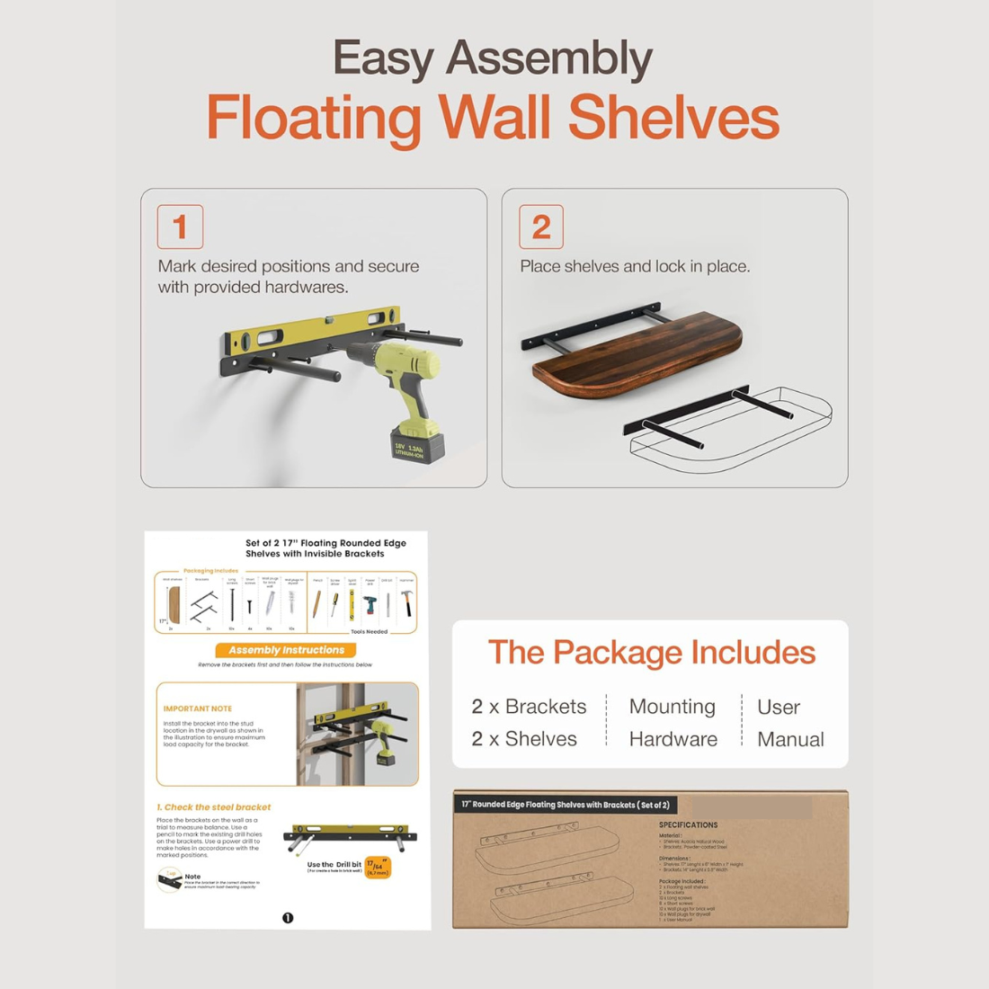 Carpentray 17 inch Long Wood Floating Shelves Wall Mounted Walnut Finish