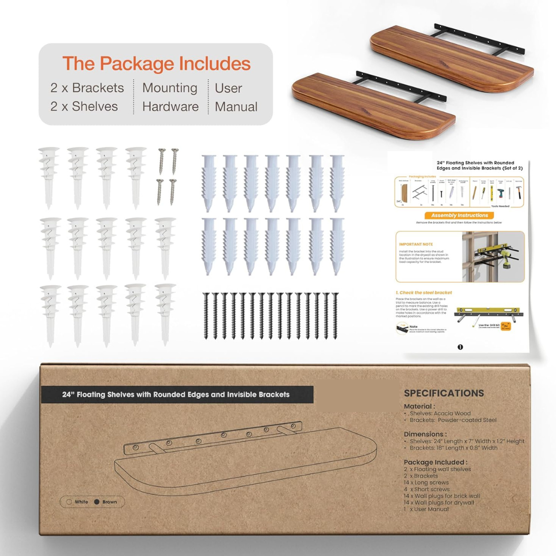 Carpentray 24 inch Long Wood Floating Shelves Wall Mounted (Round Edge)