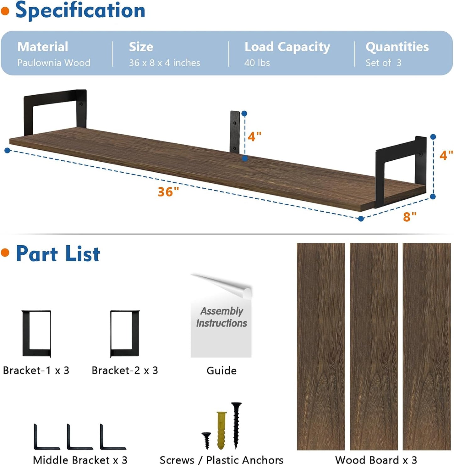 Carpentray 36x8 inch Floating Shelves for Wall Set of 3