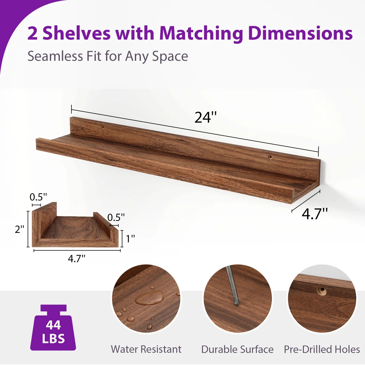 Carpentray 24 inch Long Set of 2 Wooden Wall Shelf (Brown)