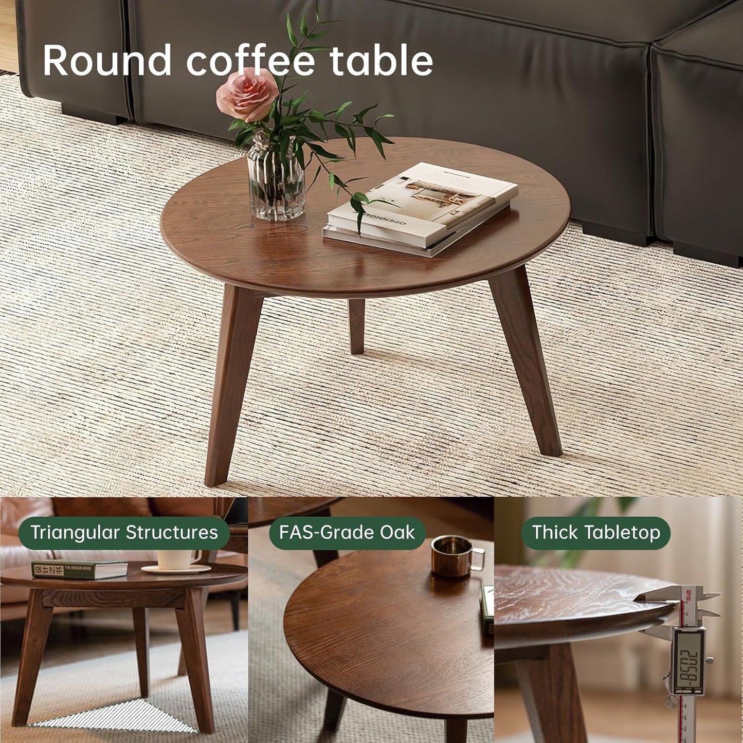 Carpentray 24x24 Inch Round Wooden Coffee Table