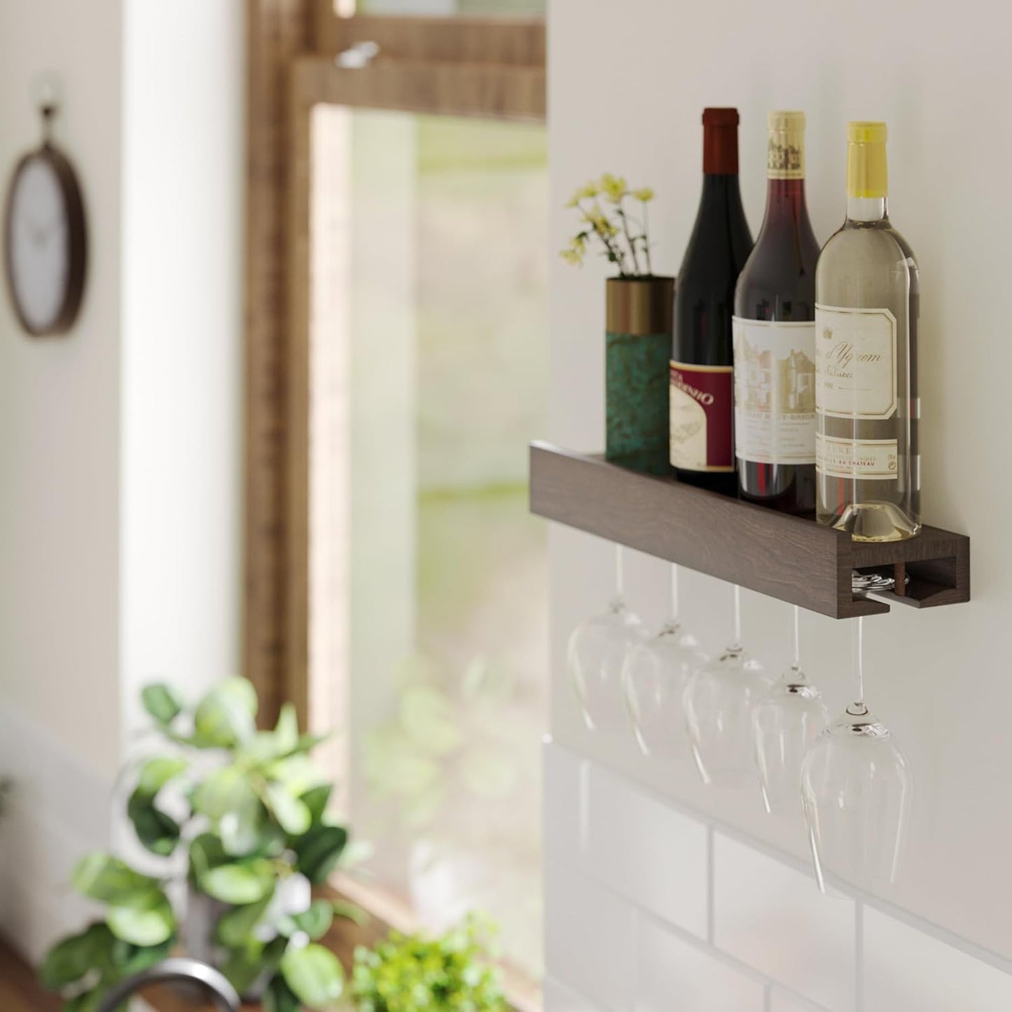 Carpentray Smith Wall Mounted Wood Floating Wine Bottle Rack with Glassware Holder Stemware Shelf Storage Organizer - Home, Kitchen, Dining Room Bar Décor - Walnut