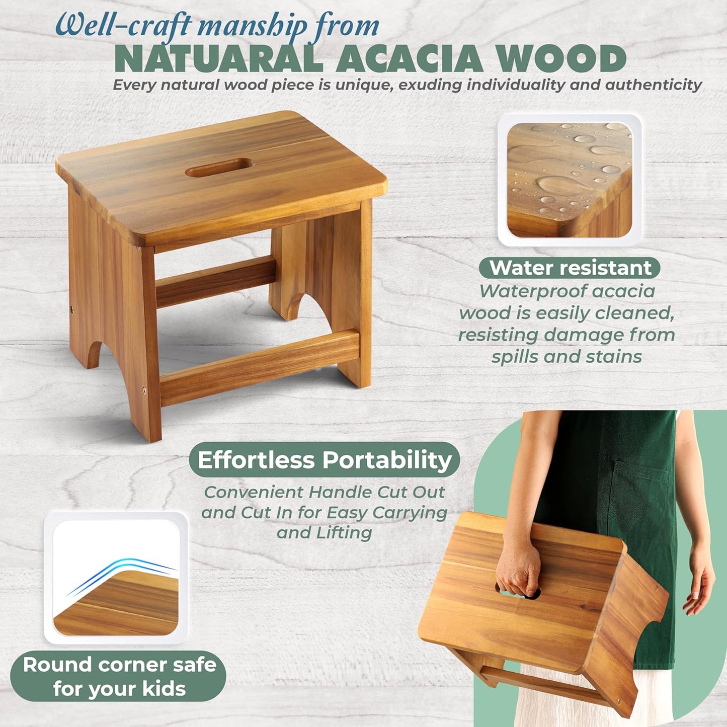 Carpentray Wooden Step Stool, 13'' One Step Stool for Adults