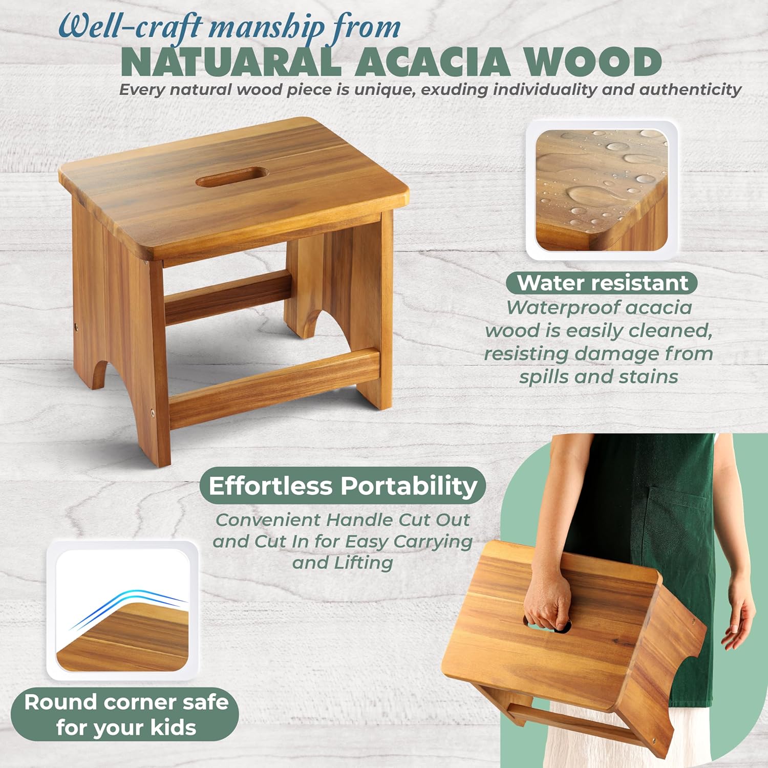 carpentray wooden step stool, 13'' one step stool for adults