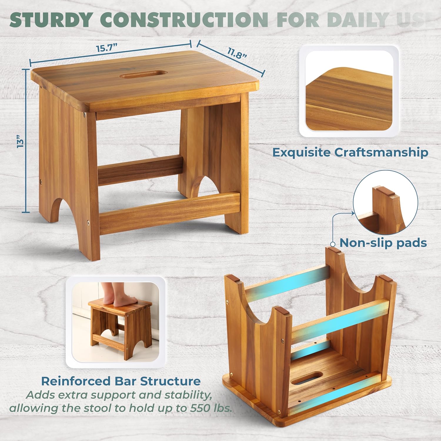 carpentray wooden step stool, 13'' one step stool for adults