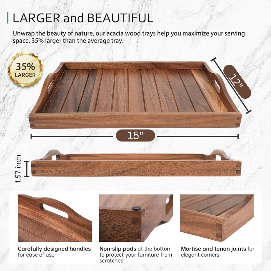 Carpentray Wooden Serving Tray with Handles 15 x 12 inch (Color Natural)