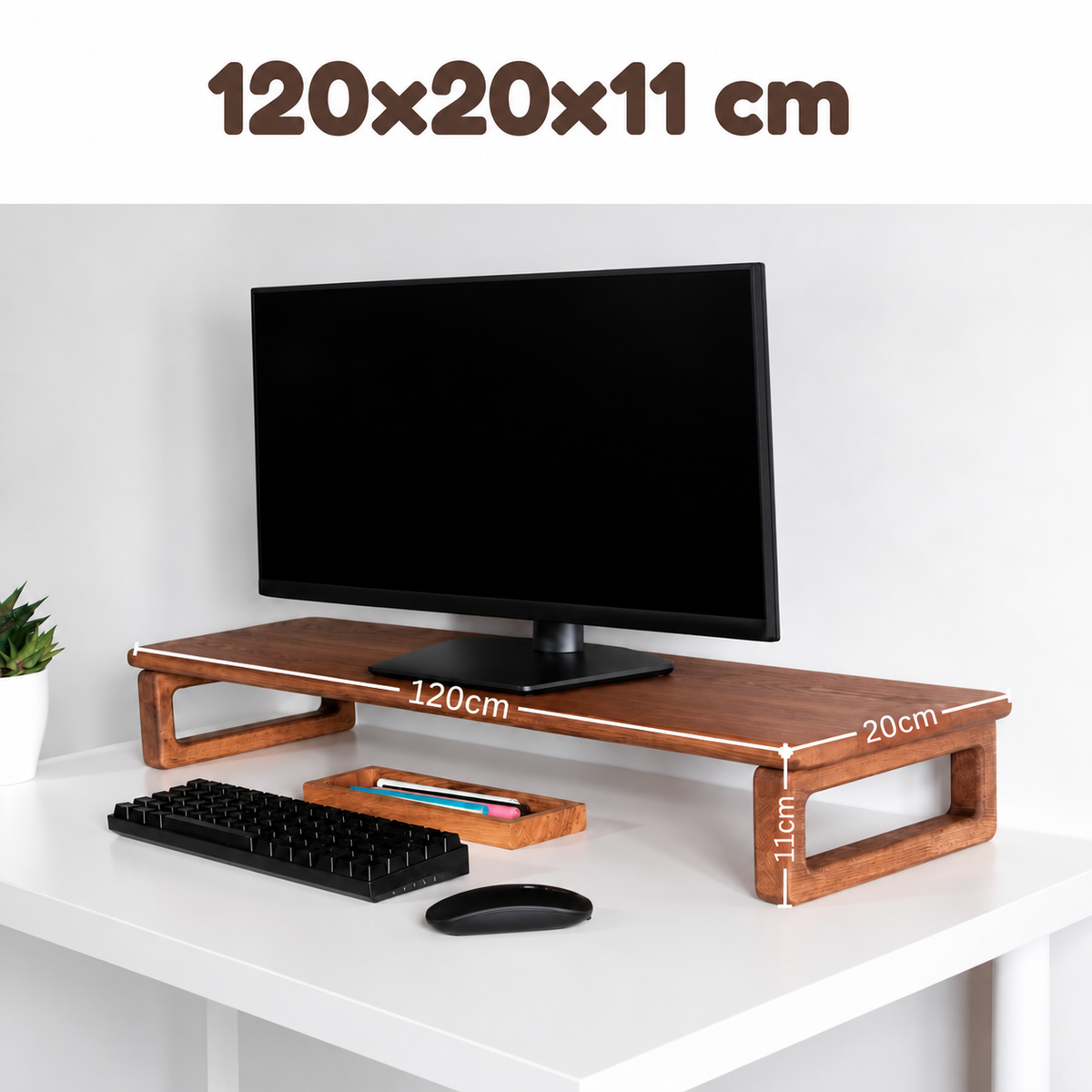 120cm Long Wooden Monitor Stand Riser Keyboard Storage, Desktop Organizer for Computer and Laptop, Home Office and Study Desk (D-Brown, 120cm Long)