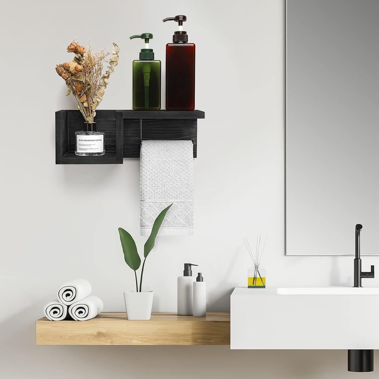 Carpentray Wooden Black Toilet Paper Holder with Shelf - Wall Mount Toilet Paper Holder Storage Rack for Tissue Rolls, Rustic Bathroom Washroom Decor Black