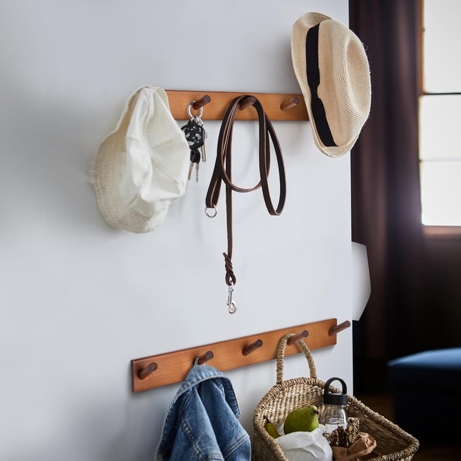 carpentray 2 pack coat rack wall mount, 17 inch coat hooks for hanging, wooden wall hooks rack coat hanger for purse clothes jacket backpack in entryway mudroom bathroom kitchen
