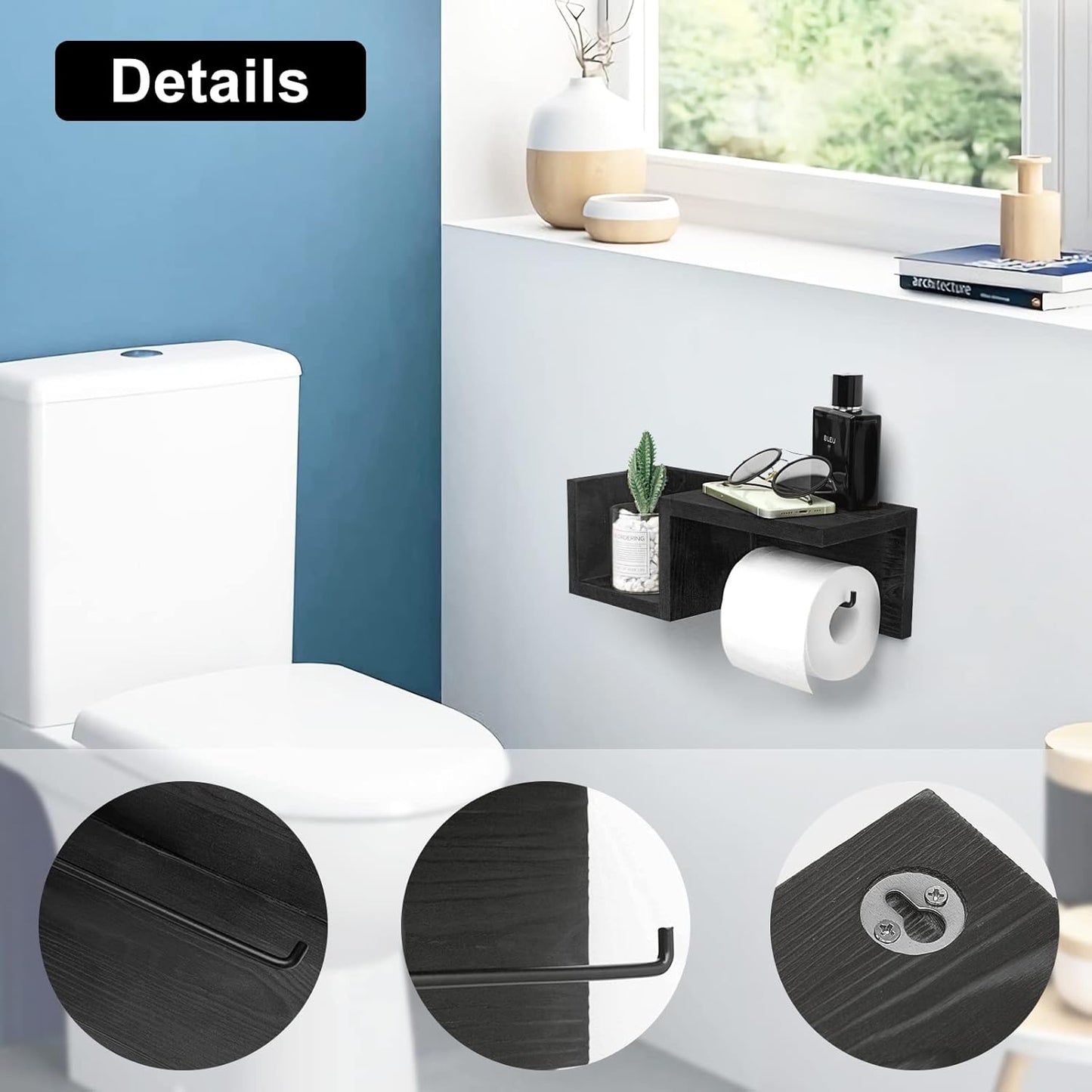 Carpentray Wooden Black Toilet Paper Holder with Shelf - Wall Mount Toilet Paper Holder Storage Rack for Tissue Rolls, Rustic Bathroom Washroom Decor Black