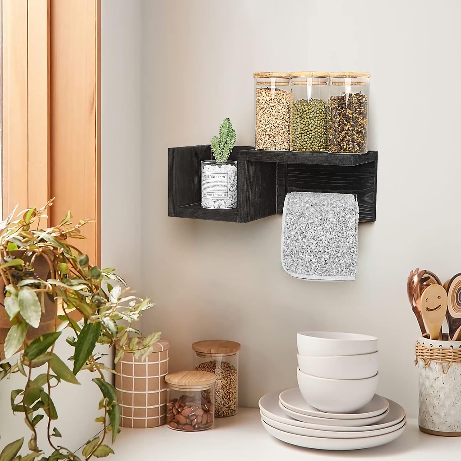 carpentray wooden black toilet paper holder with shelf - wall mount toilet paper holder storage rack for tissue rolls, rustic bathroom washroom decor black