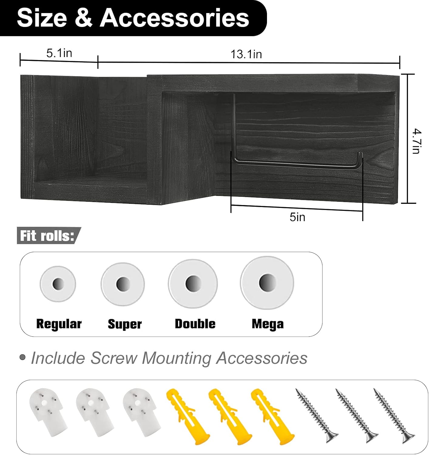 carpentray wooden black toilet paper holder with shelf - wall mount toilet paper holder storage rack for tissue rolls, rustic bathroom washroom decor black