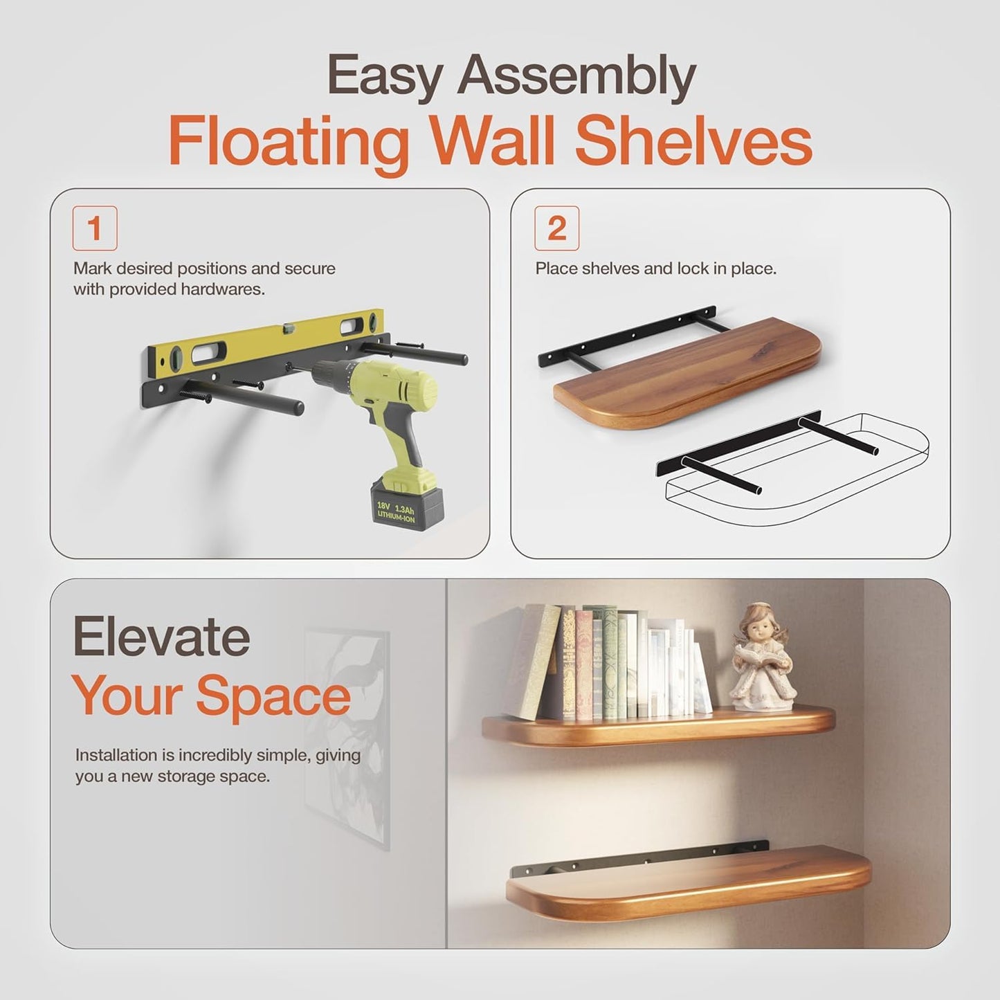 Carpentray Wood Floating Shelves Wall Mounted (Round Edge)