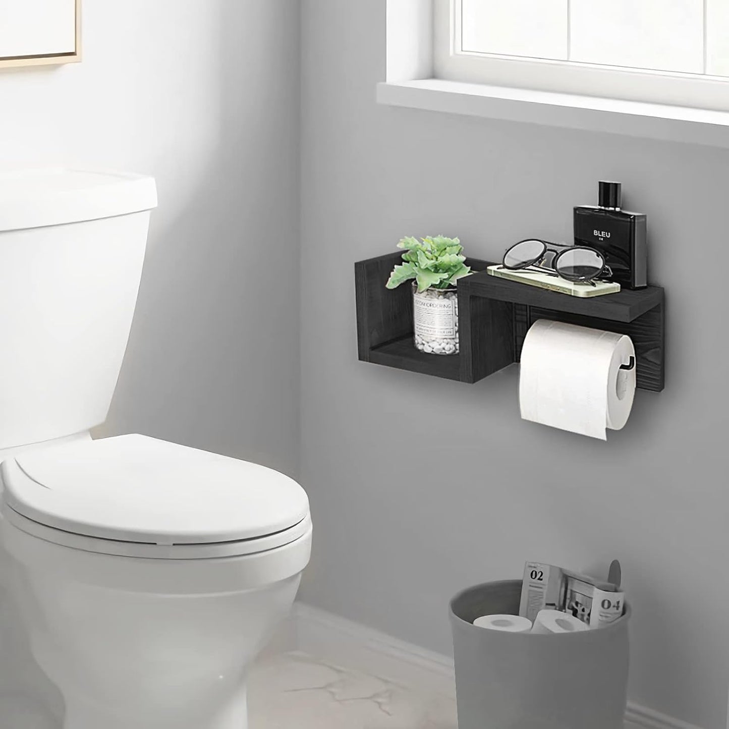 Carpentray Wooden Black Toilet Paper Holder with Shelf - Wall Mount Toilet Paper Holder Storage Rack for Tissue Rolls, Rustic Bathroom Washroom Decor Black