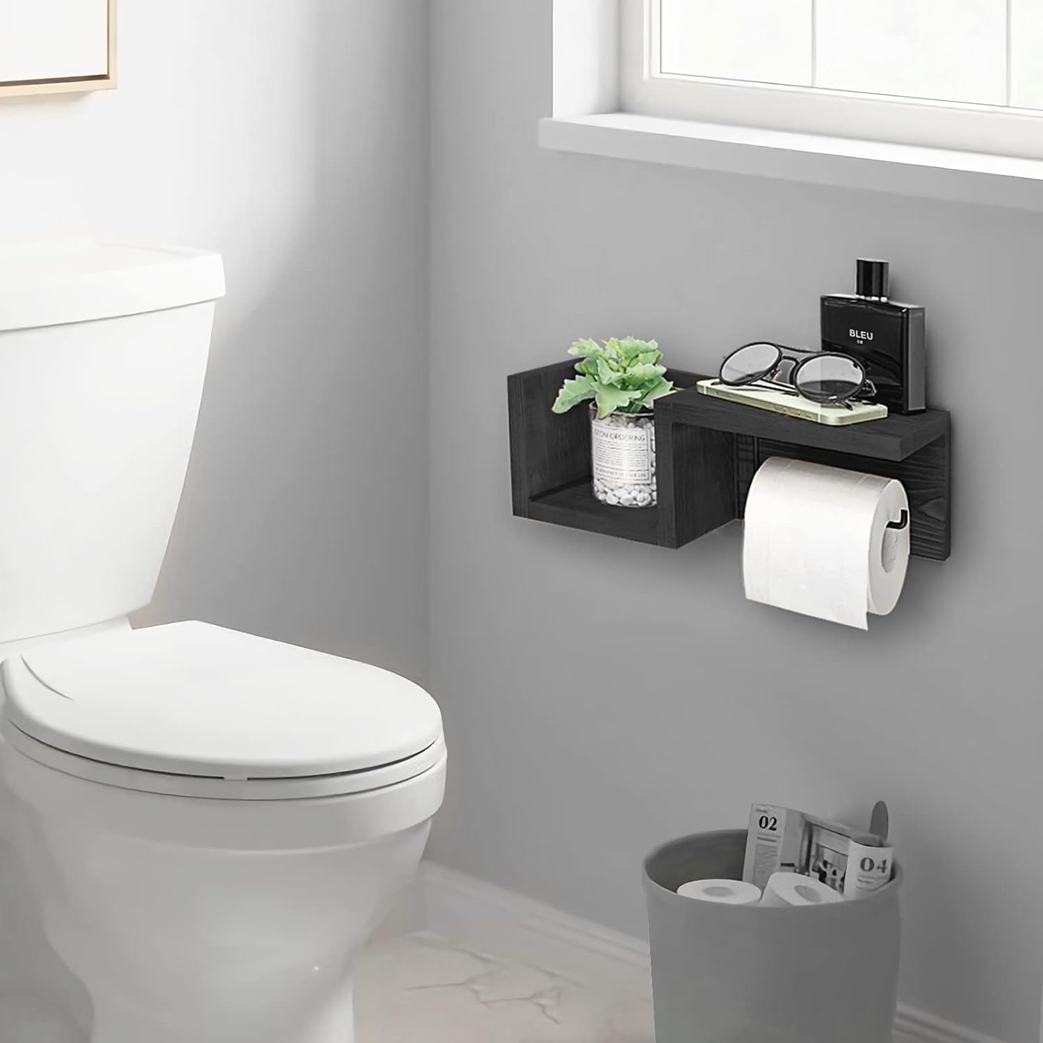 carpentray wooden black toilet paper holder with shelf - wall mount toilet paper holder storage rack for tissue rolls, rustic bathroom washroom decor black