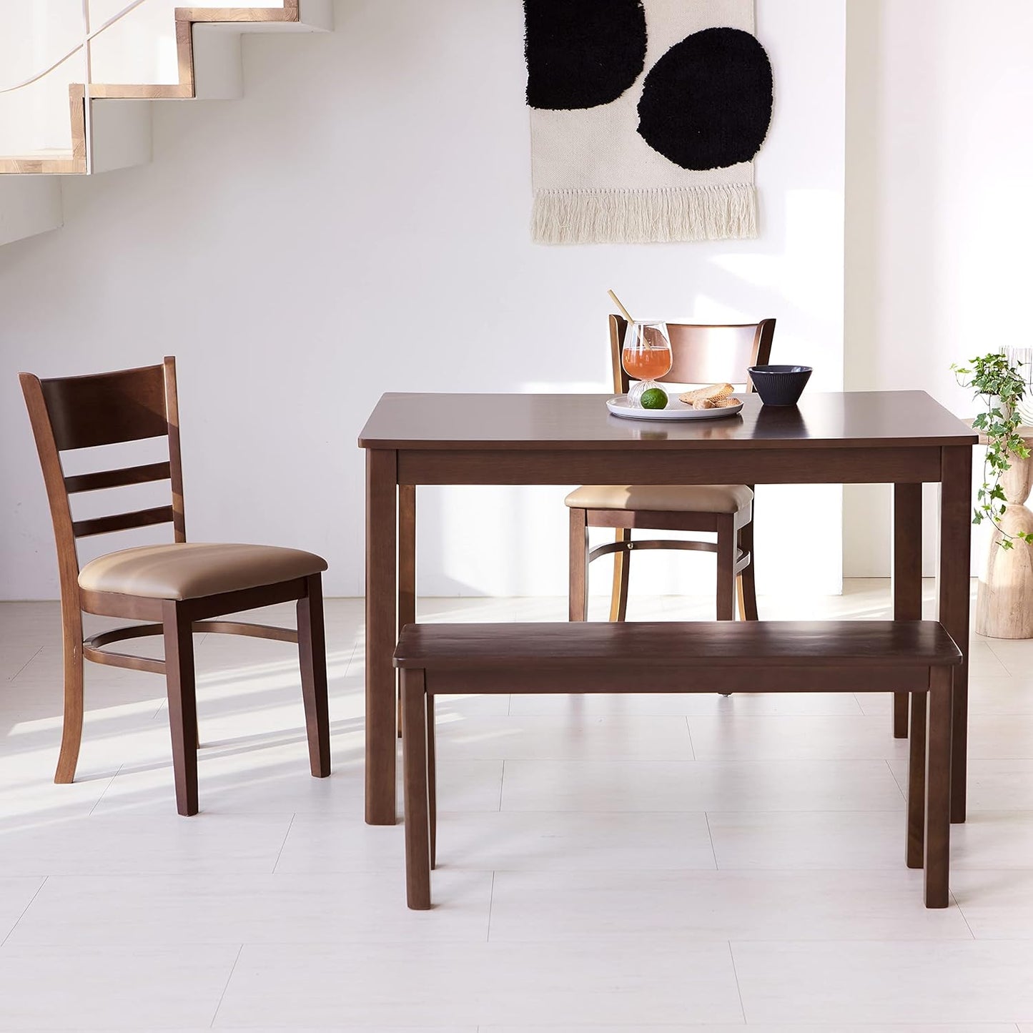 Carpentray 37.4" Wooden Dining Bench/Small Modern Farmhouse Malaysian Oak Wood Bench (Walnut)