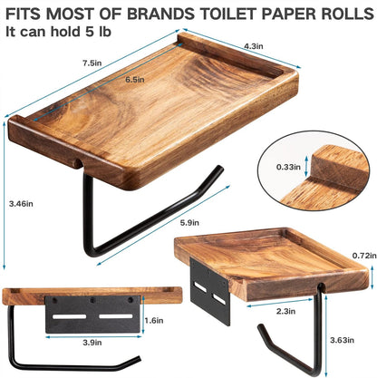 carpentray black toilet paper holder with storage shelf wooden,bathroom toilet tissue roll holder wall mount with adhesive& screw for phone candle wipes planter pot