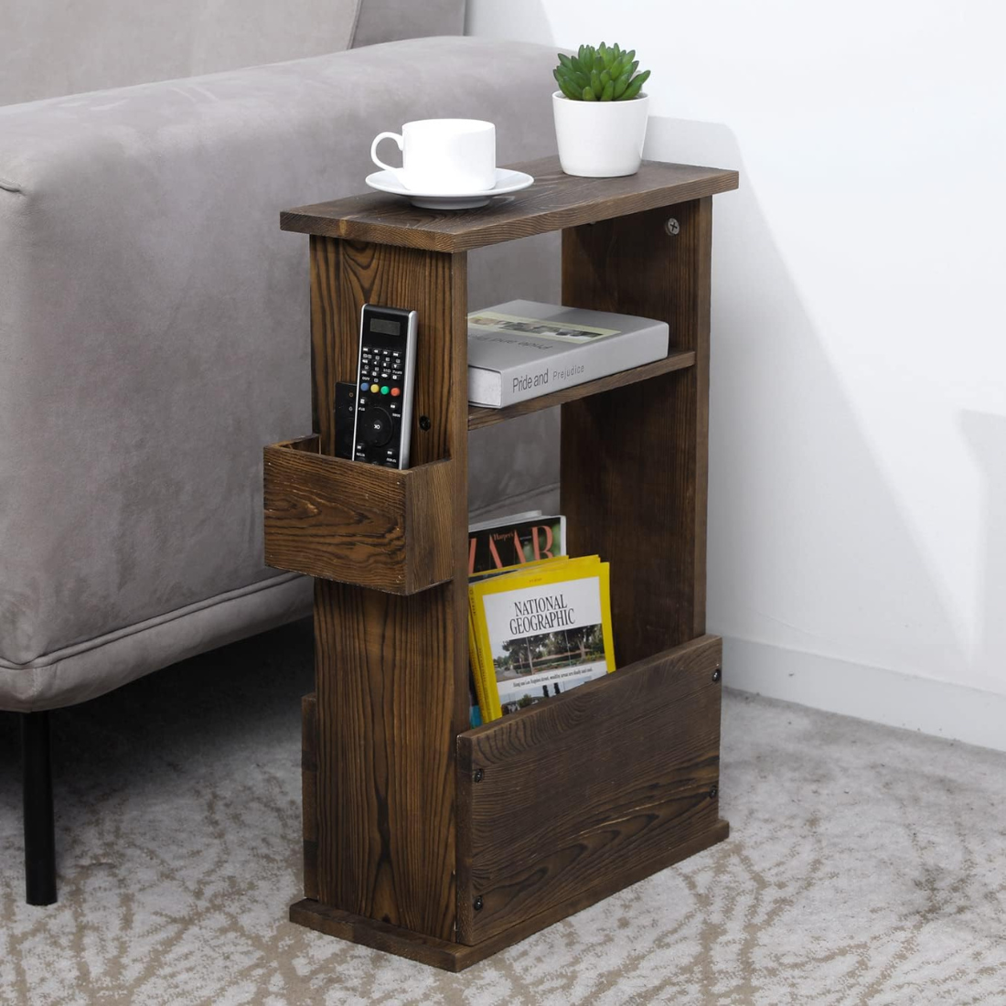 carpentray 24 inch tall rustic burnt wood end table with remote control holder, storage shelf, and magazine rack