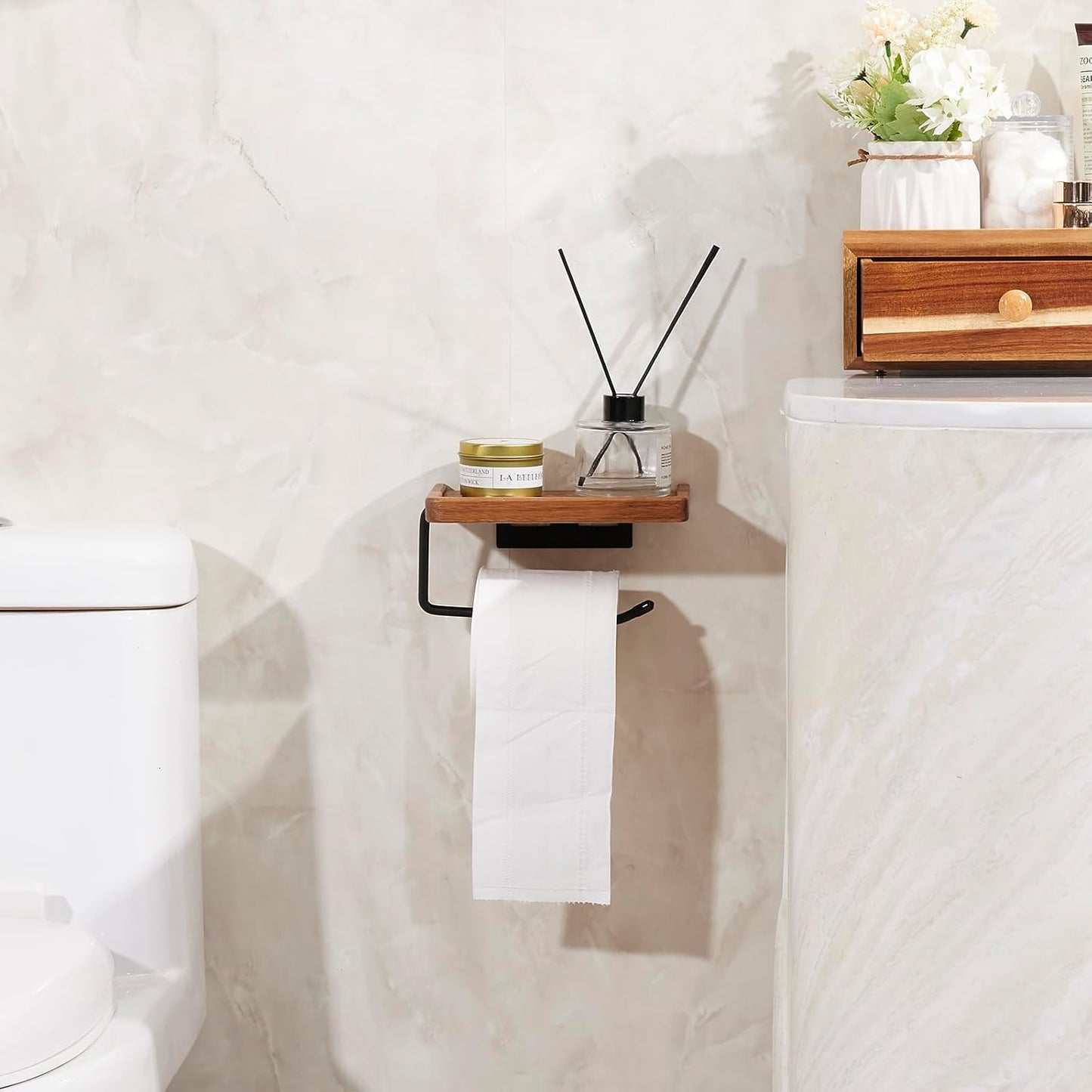 Carpentray Black Toilet Paper Holder with Storage Shelf Wooden,Bathroom Toilet Tissue Roll Holder Wall Mount with Adhesive& Screw for Phone Candle Wipes Planter Pot
