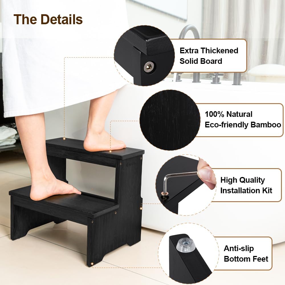 Carpentray Two Step Stool for Adults and Kids, Bed Stepstool with Anti-Slip Bottom, Heavy Duty for Kitchen, Bathroom, Bedside Step Stool, Wooden Step