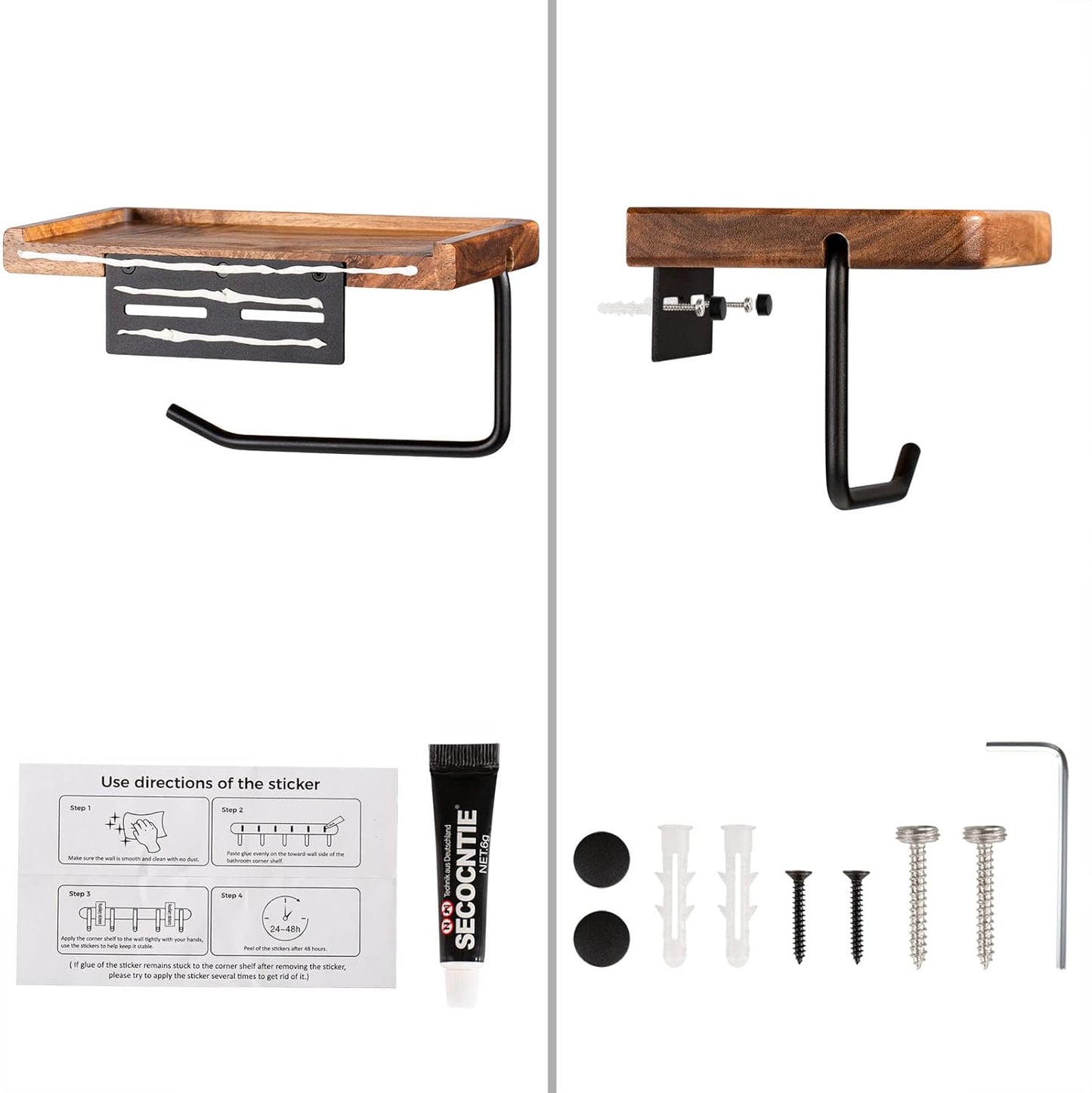 Carpentray Black Toilet Paper Holder with Storage Shelf Wooden,Bathroom Toilet Tissue Roll Holder Wall Mount with Adhesive& Screw for Phone Candle Wipes Planter Pot
