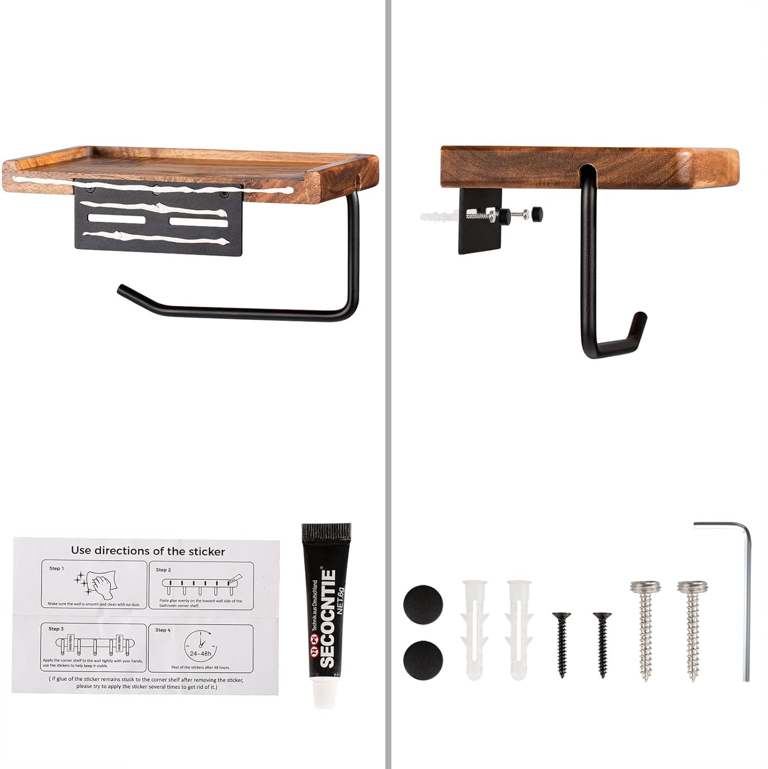 carpentray black toilet paper holder with storage shelf wooden,bathroom toilet tissue roll holder wall mount with adhesive& screw for phone candle wipes planter pot