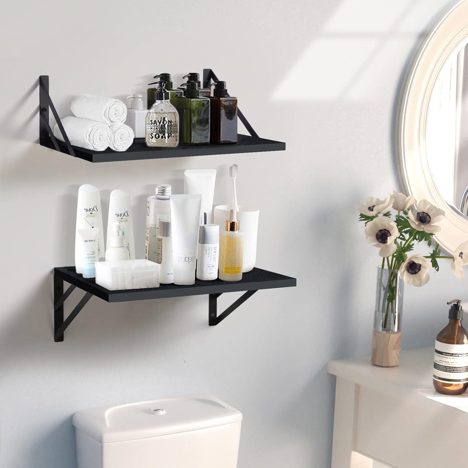 carpentray set of 2 deep floating shelves wall decor shelving (black)