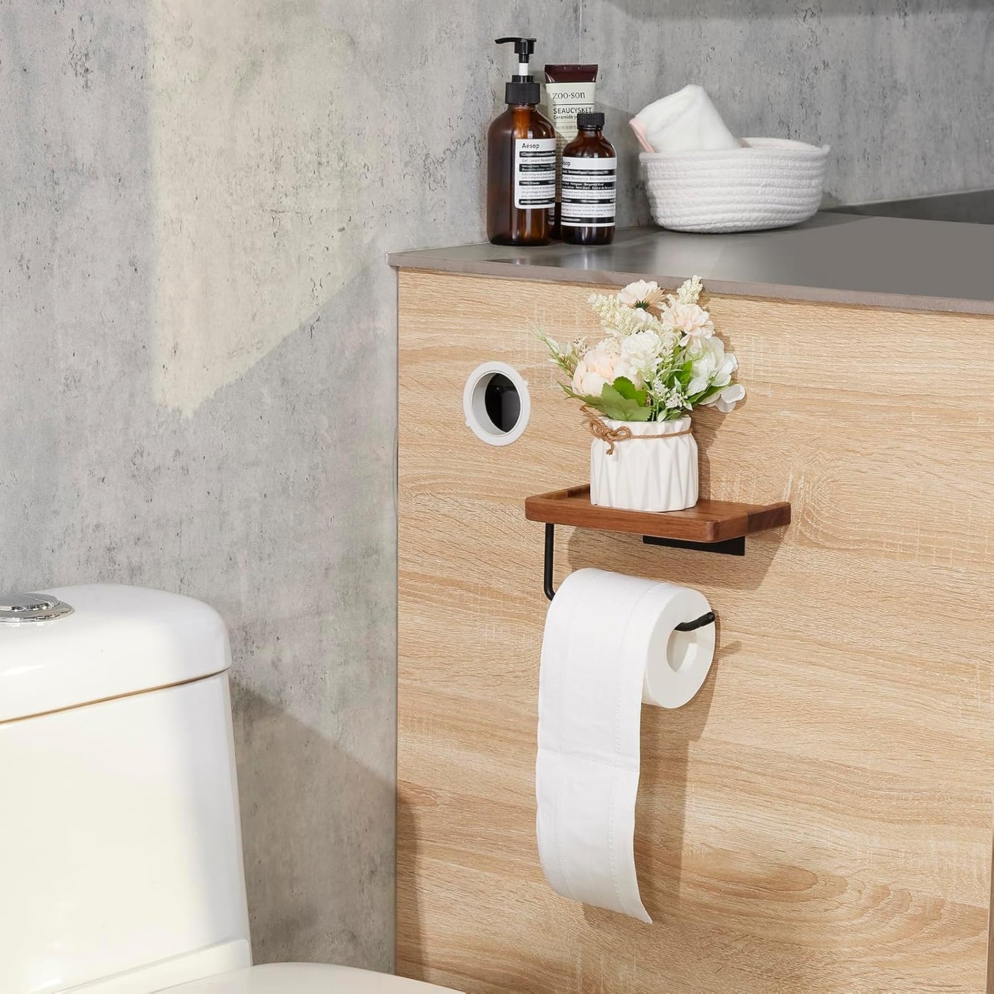 Carpentray Black Toilet Paper Holder with Storage Shelf Wooden,Bathroom Toilet Tissue Roll Holder Wall Mount with Adhesive& Screw for Phone Candle Wipes Planter Pot