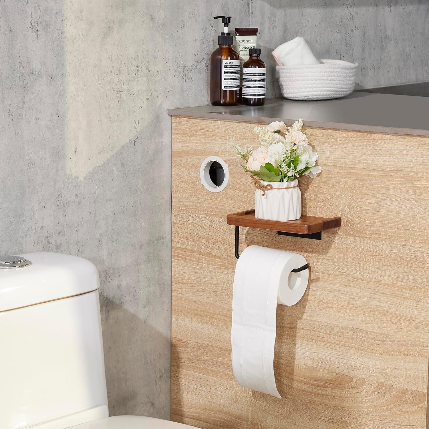 carpentray black toilet paper holder with storage shelf wooden,bathroom toilet tissue roll holder wall mount with adhesive& screw for phone candle wipes planter pot