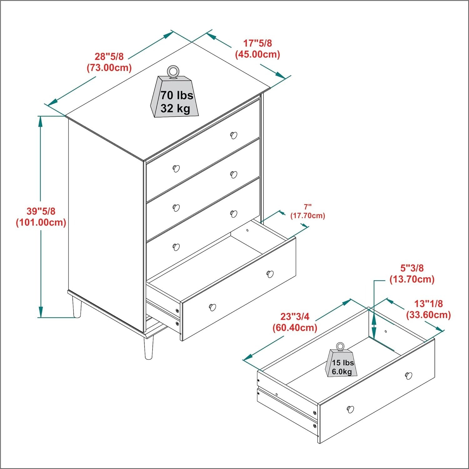 carpentray wooden chest of drawers (4 drawers)