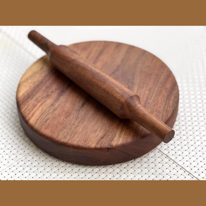 carpentray carved from single block of acacia wood | reversible chakla belan | chopping board | no dyes or polish - natural finish | 9.5 inch diameter 2 inch thick