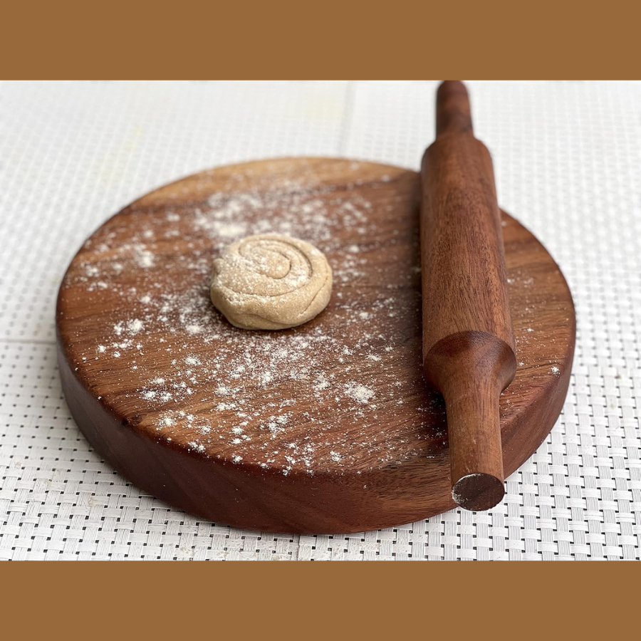 Carpentray Carved from Single Block of Acacia Wood | Reversible Chakla Belan | Chopping Board | No Dyes or Polish - Natural Finish | 9.5 Inch Diameter 2 Inch Thick