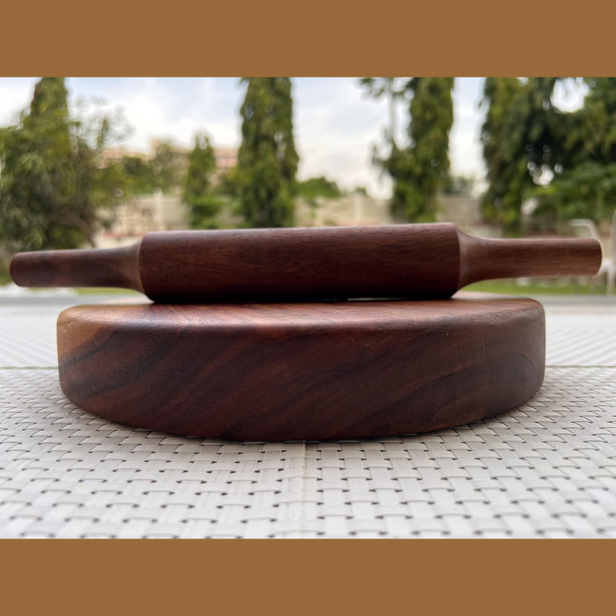 Carpentray Carved from Single Block of Acacia Wood | Reversible Chakla Belan | Chopping Board | No Dyes or Polish - Natural Finish | 9.5 Inch Diameter 2 Inch Thick