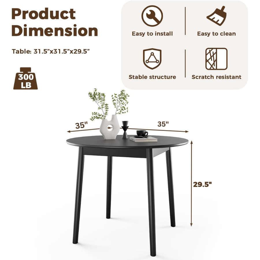 carpentray 35" solid wood round dining table for 4, mid century small kitchen table for 2-4, modern office table for living room, dining room, dinette, easy assembly, space saving, black