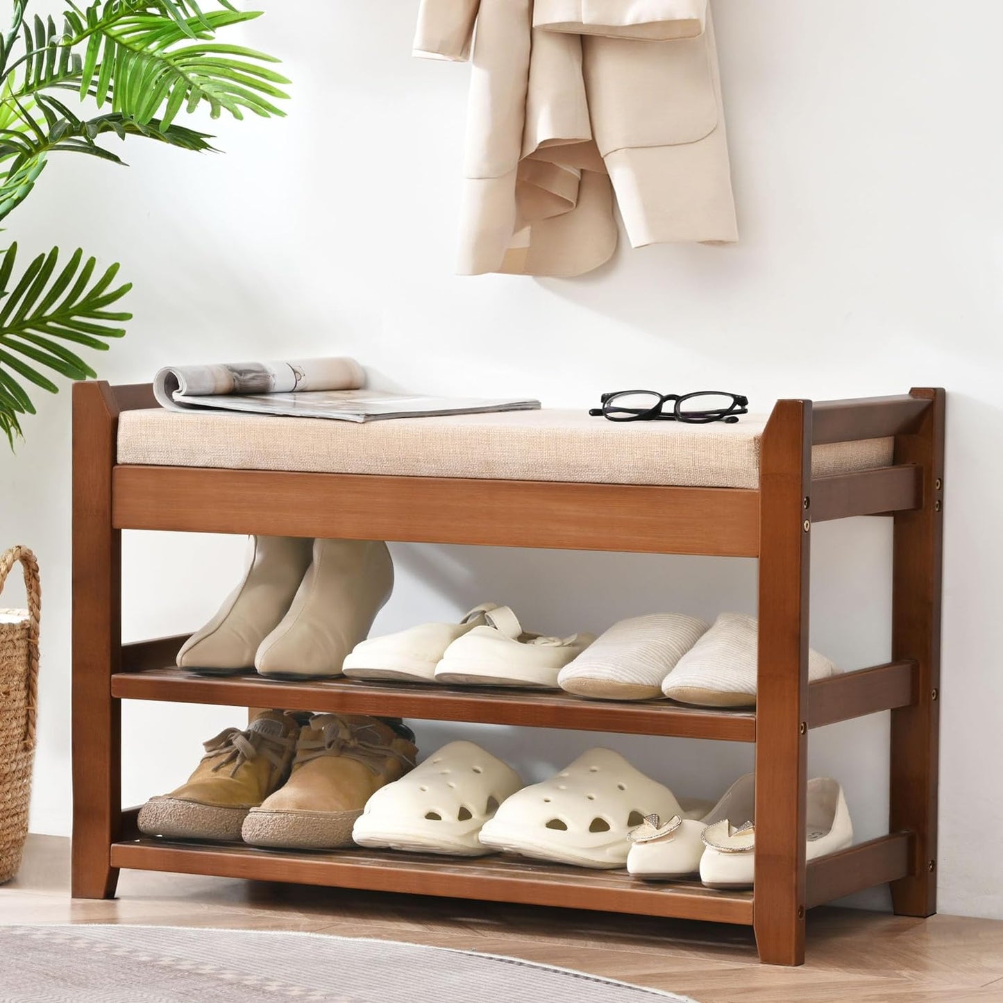 Carpentray Shoe Rack Bench with Cushion, Entryway Bench