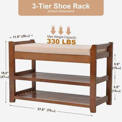 carpentray shoe rack bench with cushion, entryway bench