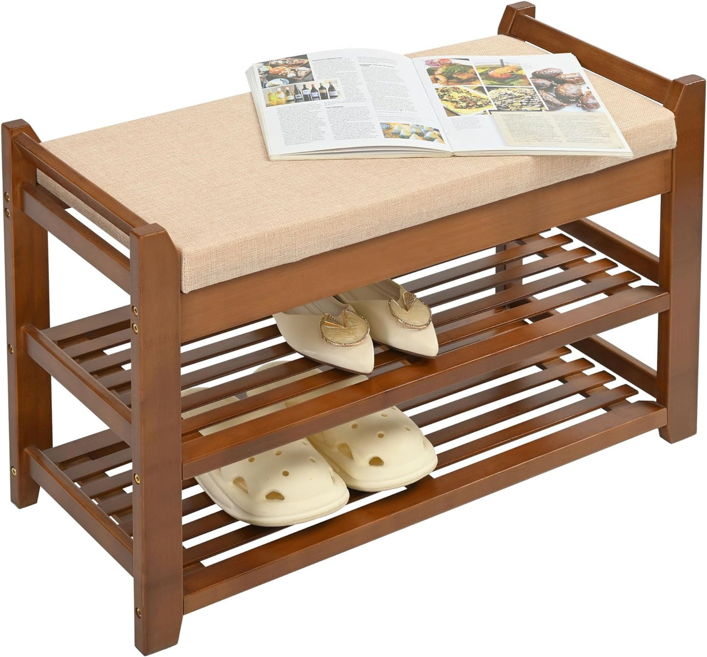 Carpentray Shoe Rack Bench with Cushion, Entryway Bench